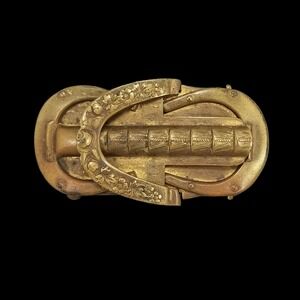 Antique Victorian Brass Horseshoe Floral Belt Buckle 2 Piece Pat 1900 Gold Tone